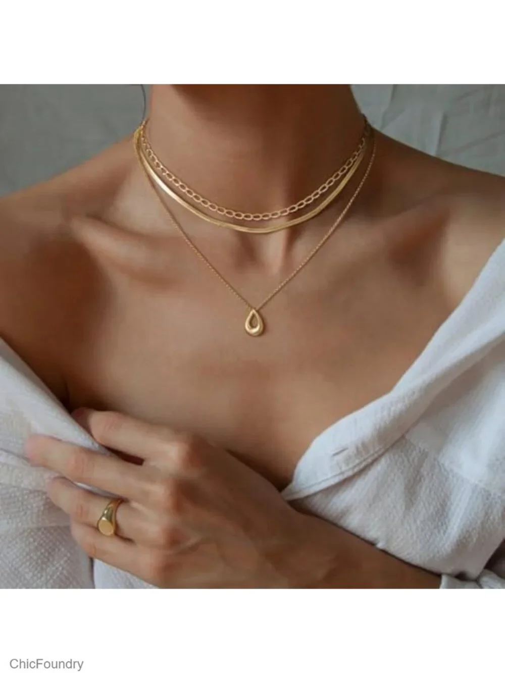 14k Gold Plated Layered Necklace Set with Paperclip Herringbone and Twisted